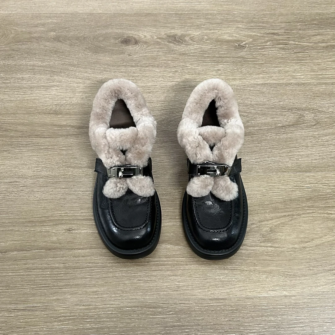 Dannyfrey学院风加绒毛毛头层羊皮女凯利蔻厚底冬季保暖棉鞋4CM