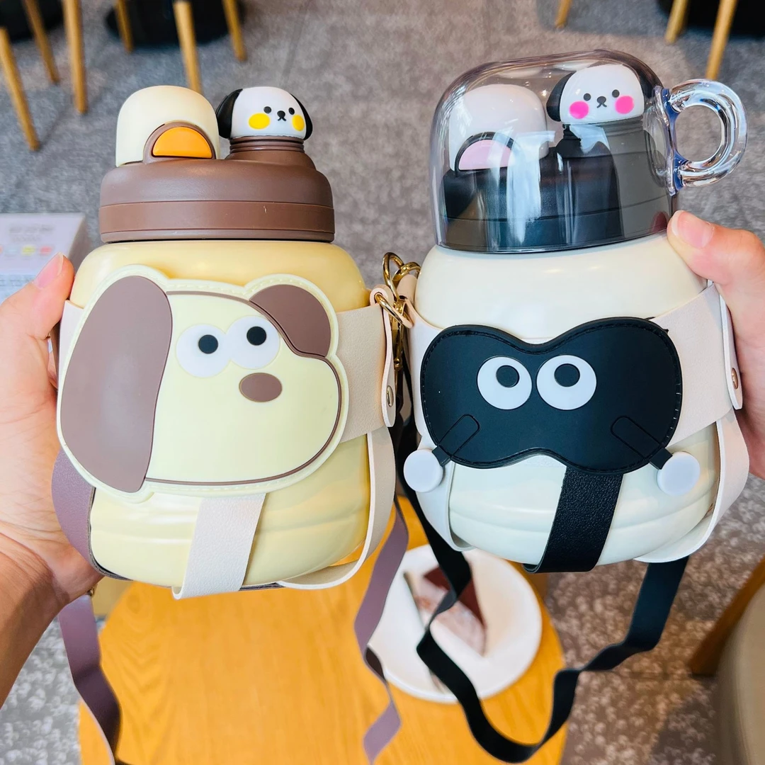 旺仔狗时尚保温杯高颜值大容量双饮大肚杯可爱少女儿童吸管水杯