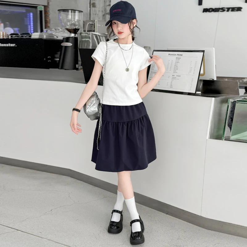 女童夏季套装学院风百搭半身裙松紧裙女孩修身T恤衫半裙两件套潮