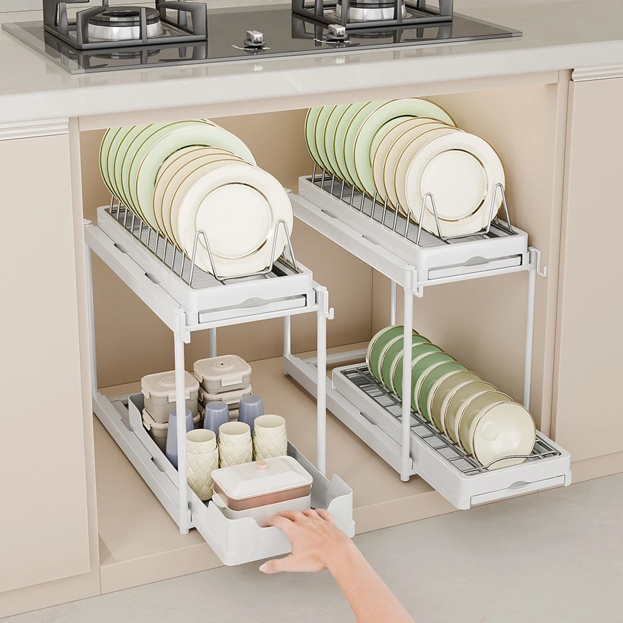 厨房置物架抽拉式碗架柜下收纳神器橱柜拉篮下沥水分层盘架水槽架