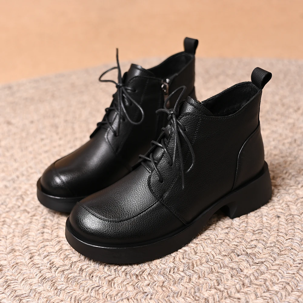 英伦风圆头厚底短靴女冬新款舒适百搭系带侧拉链低跟软底马丁靴