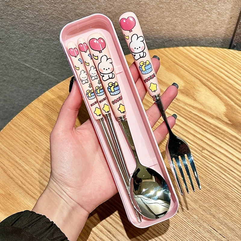 LINE可妮兔304不锈钢陶瓷勺叉筷子可爱宿舍家用便携餐具盒三件套