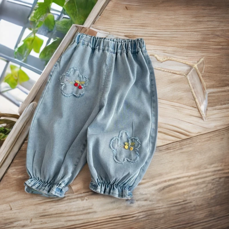 小童裤子夏装新款冰丝牛仔裤女宝宝薄款休闲束脚裤夏季洋气防蚊裤