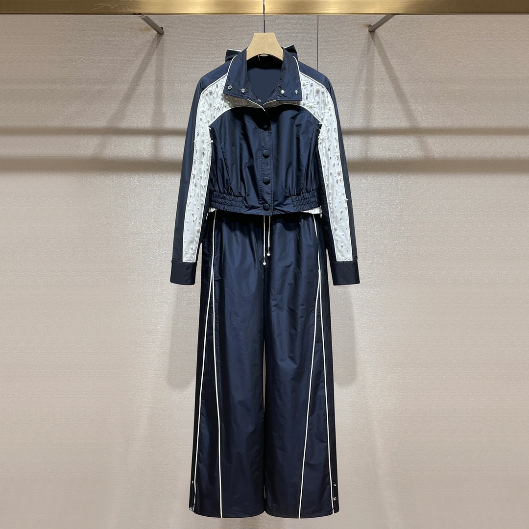 棒球服长裤套装2025早秋新款重工钉珠拼色短外套高腰休闲裤两件套