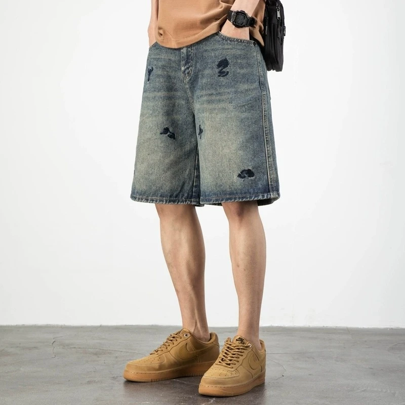 刺绣牛仔短裤男士夏季薄款潮牌宽松大码复古水洗直筒帅气五分裤子