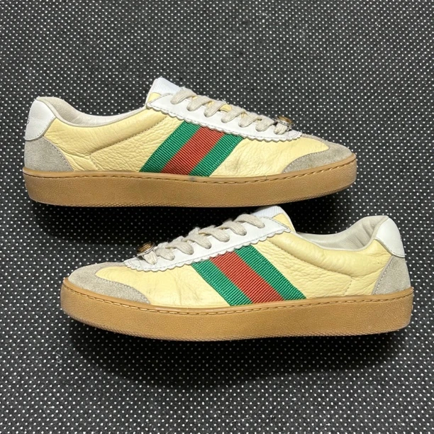 95新 GUCCI/古驰 35.5码 22.5cm 小蜜蜂 米黄 条纹 德训鞋