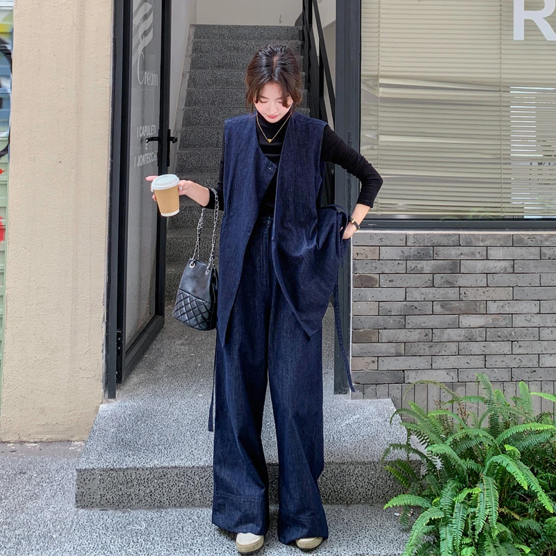 老钱风牛仔马甲阔腿裤套装女2025春秋新款复古港风时尚显瘦两件套