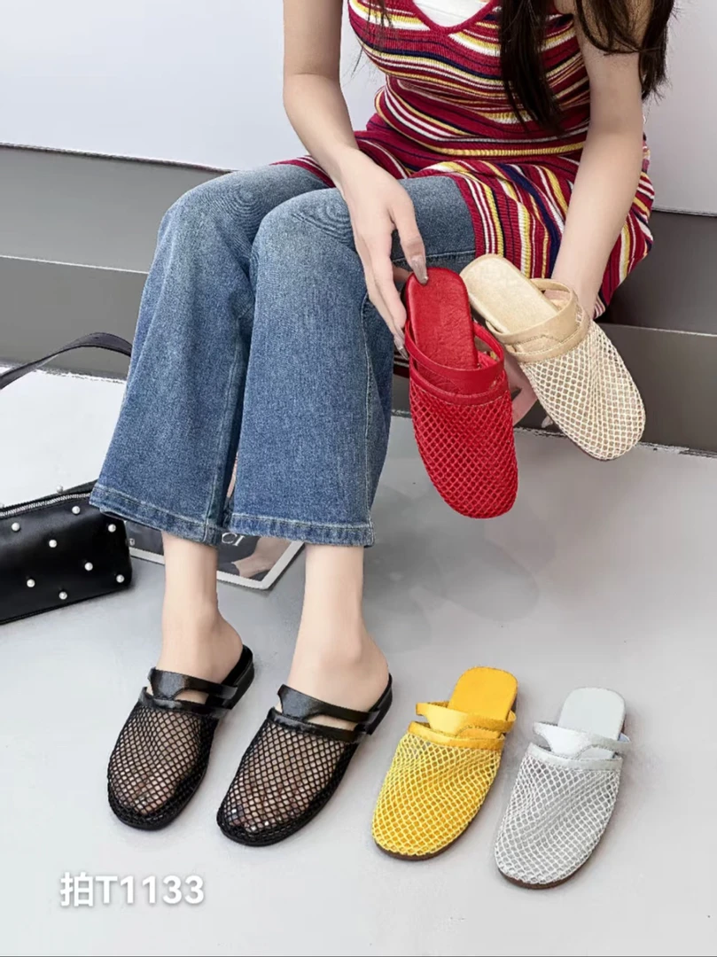 T1133 法式镂空渔网包头半拖女2025夏新款外穿休闲透气低跟穆勒鞋