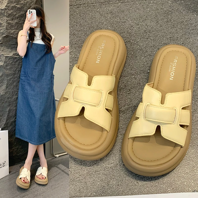 厚底凉拖鞋女夏季外穿2025新款配裙子仙女风踩屎感沙滩一字拖凉鞋