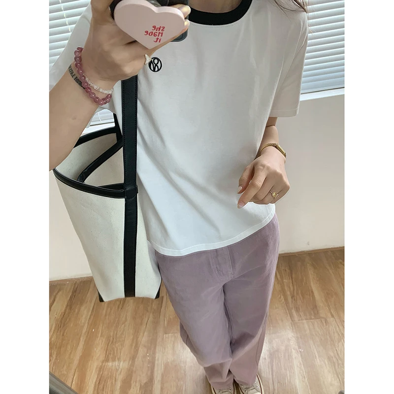 小圆标撞色小短款短袖T恤 2025夏季新款韩版设计感百搭上衣1232