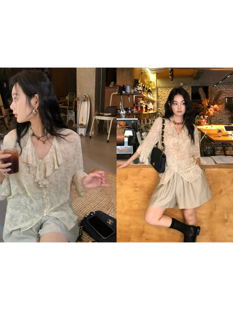 【任小艺新品】 v领晕染印花荷叶边印花雪纺喇叭袖短款衬衫上衣