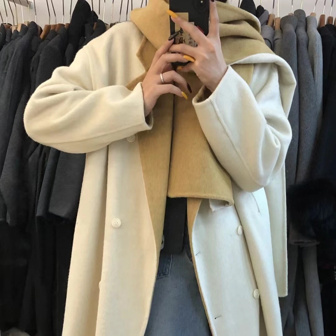 双色长款羊绒大衣围巾秋冬百搭休闲时尚中长款韩版灰色网红