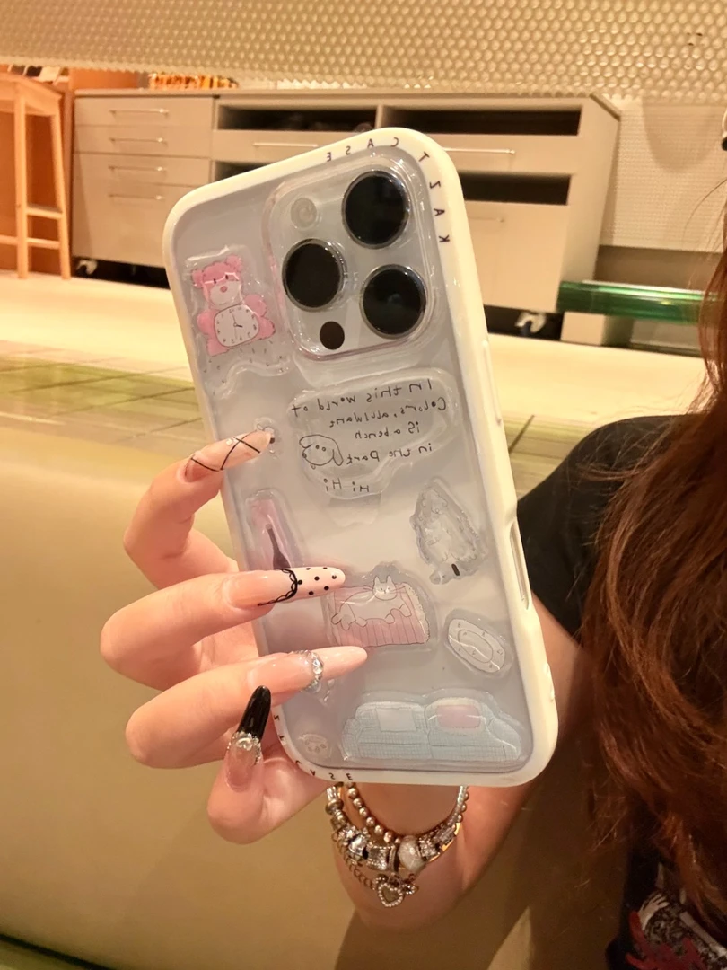 Ins风卡通DIY贴纸日韩彩边壳适用苹果16/15/14/13全包防摔手机壳
