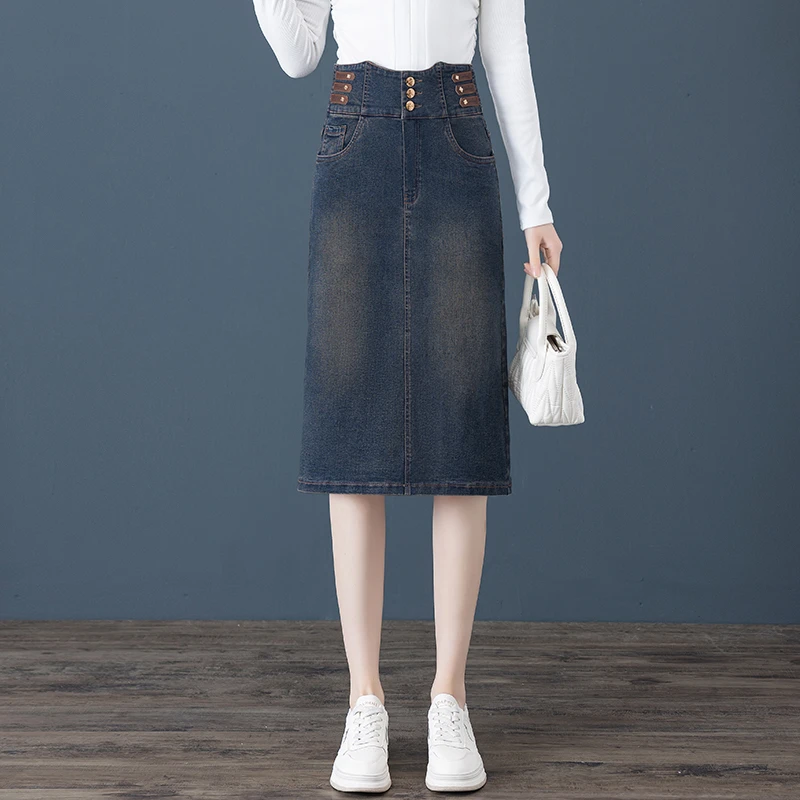复古三排扣牛仔半身裙女2025春秋新款高腰显瘦Aa字直筒开叉包臀裙