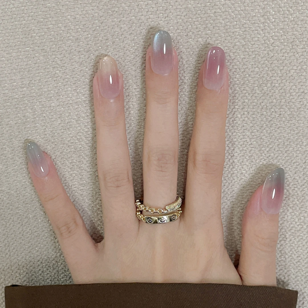 仲夏甜心 手工穿戴甲彩色渐变猫眼短椭圆多巴胺清透夏日显白美甲