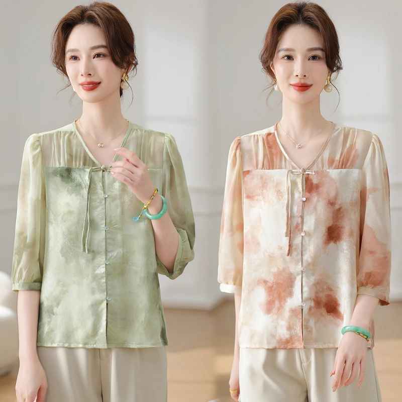 新中式国风印花盘扣小衫女中袖夏季新款气质妈妈春夏衬衫上衣外穿