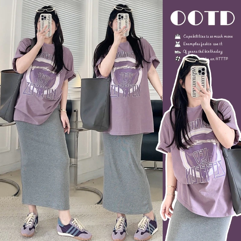 孕妇装夏装宽松显瘦短袖T恤夏季百搭字母印花上衣半身裙两件套