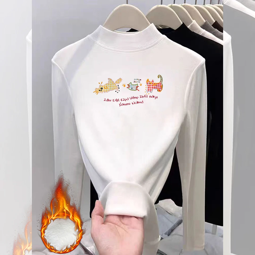 婳娇双面德绒秋冬款半高领长袖打底T恤女修身加厚白色正肩ins上衣