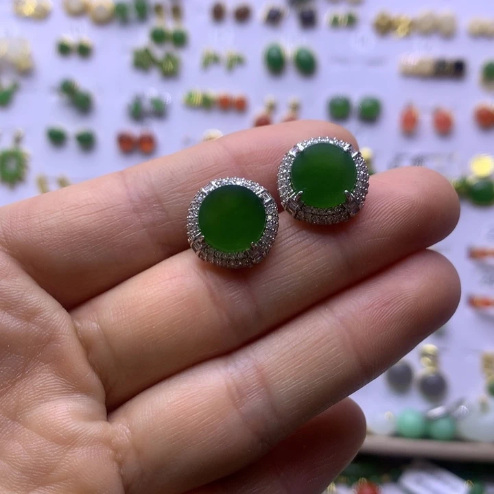 和田玉银S925镶嵌耳饰