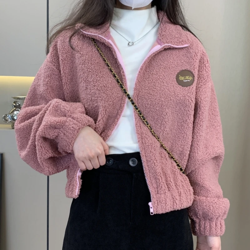 小个子羔绒加厚立领外套女秋冬新款休闲百搭宽松保暖短款上衣开衫