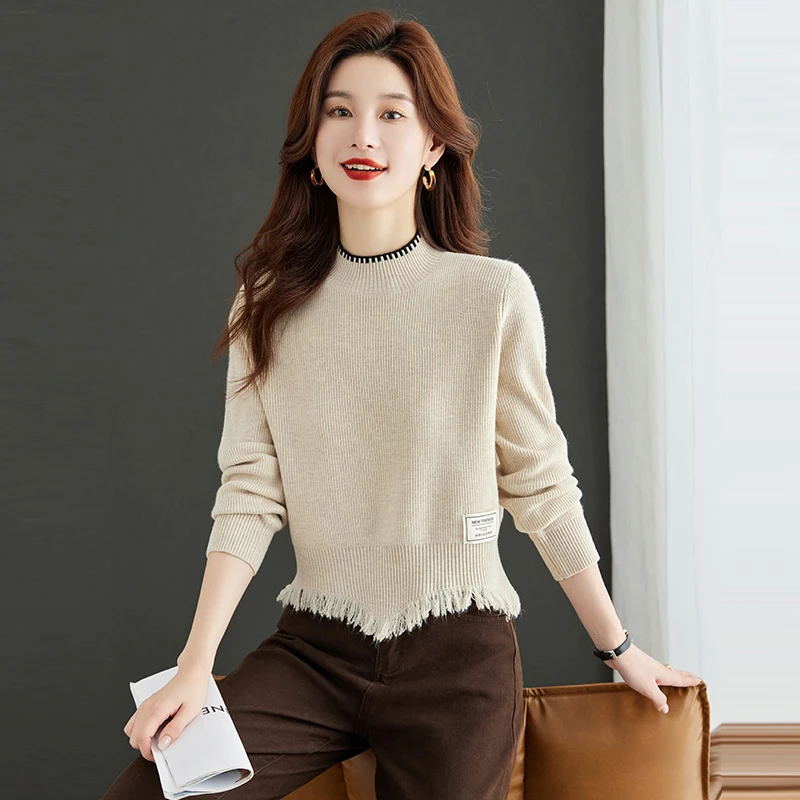 正品哥弟新款秋冬圆领撞色流苏羊毛针织衫法式洋气显瘦通勤打底衫