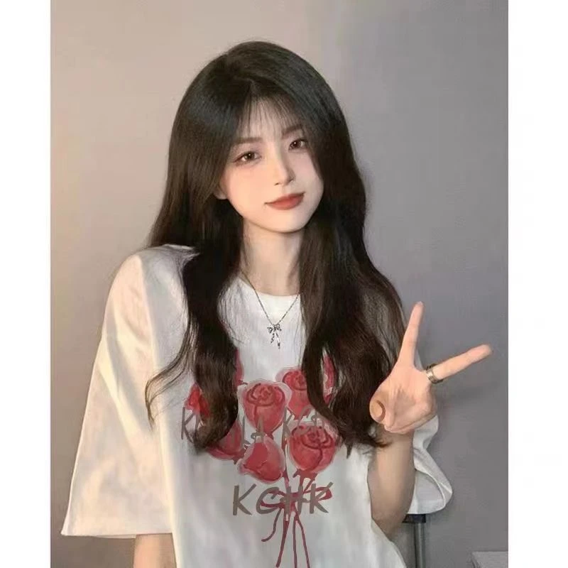 100%纯棉设计感半袖小众ins百搭t恤女oversize学生美式体恤上衣潮