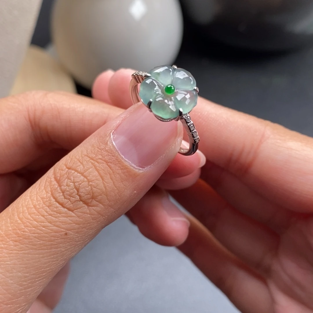 翡翠散珠小花戒指925银