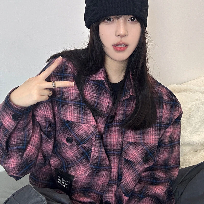 Sendian/森殿春季新款美式高街痞帅设计感贴标衬衫百搭格子外套男