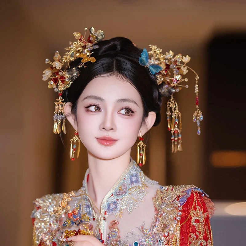 合金婚庆饰品 中式新娘头饰金红蓝手工发簪结婚秀禾服发饰品G0262