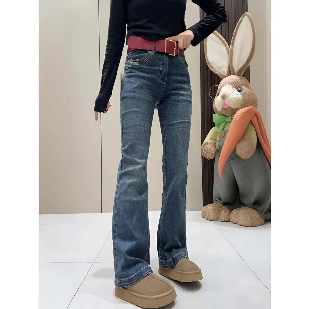 2025大码百搭春季爆款高腰弹力显瘦直筒牛仔裤复古窄版微喇马蹄裤