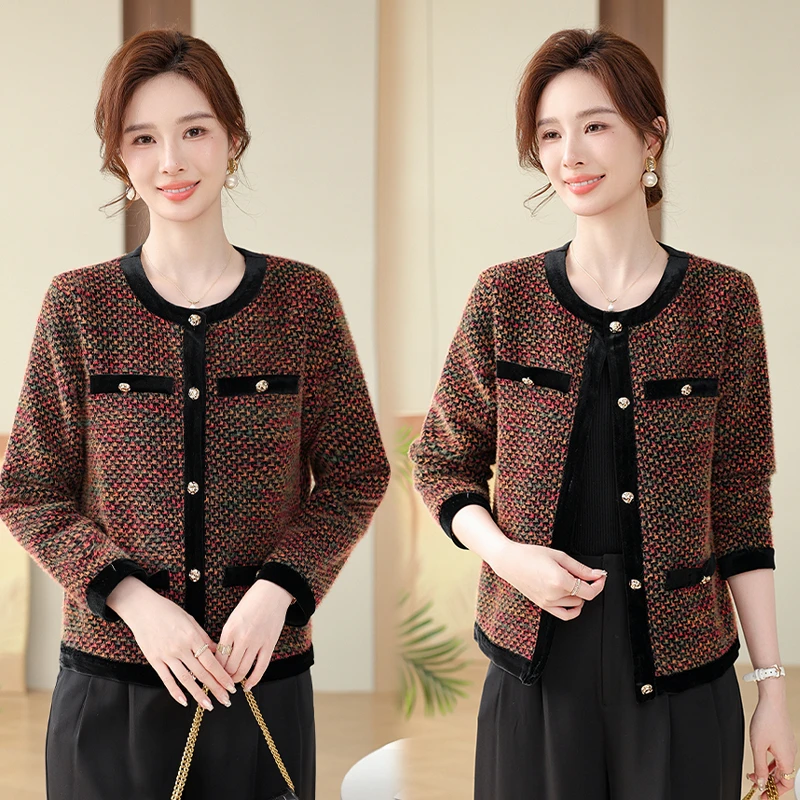 妈妈春装外套小香风洋气妇女时尚夹克2025新款春秋中老年针织上衣