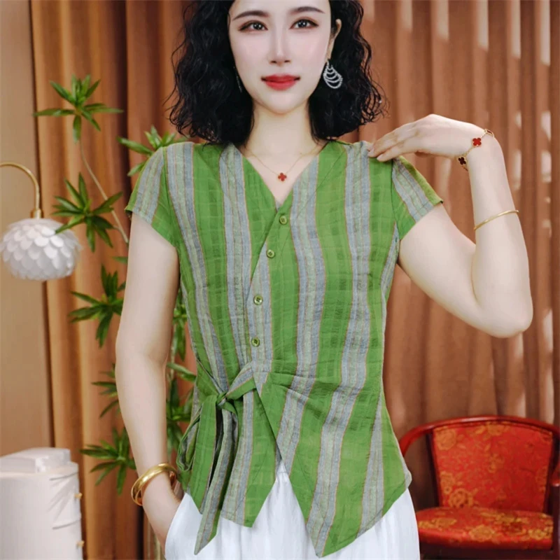 夏季新款休闲洋气短袖气质百搭V领显瘦开衫扣上衣小衫