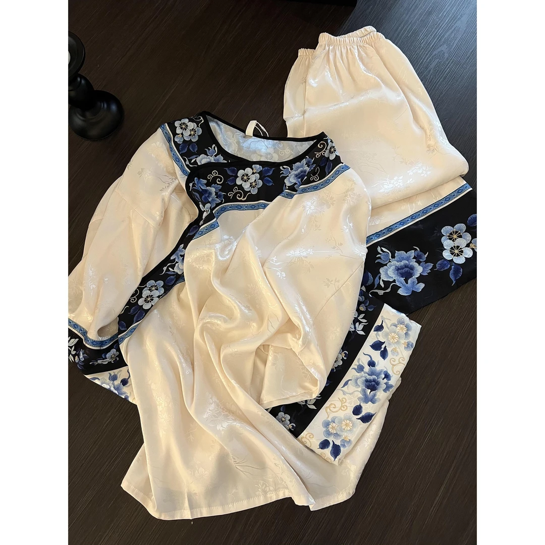 国风新中式复古花卉冰丝睡衣女夏季新款古风长裤大码套装家居服