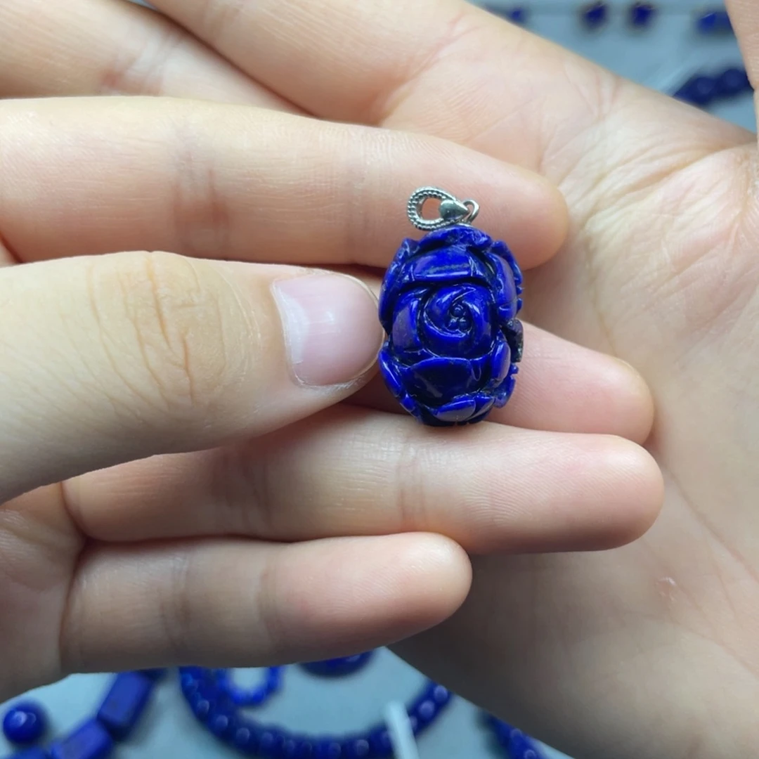 青金石银S925镶嵌花花吊坠