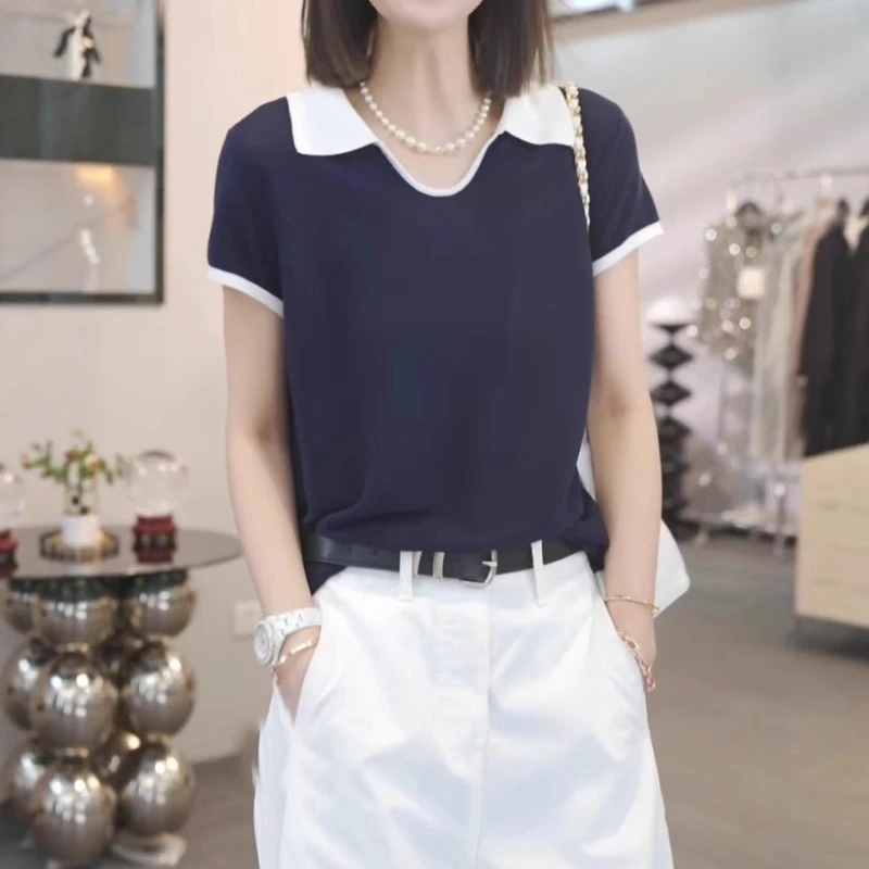 2025夏季新款Polo领撞色短袖针织衫女宽松显瘦气质百搭设计感上衣