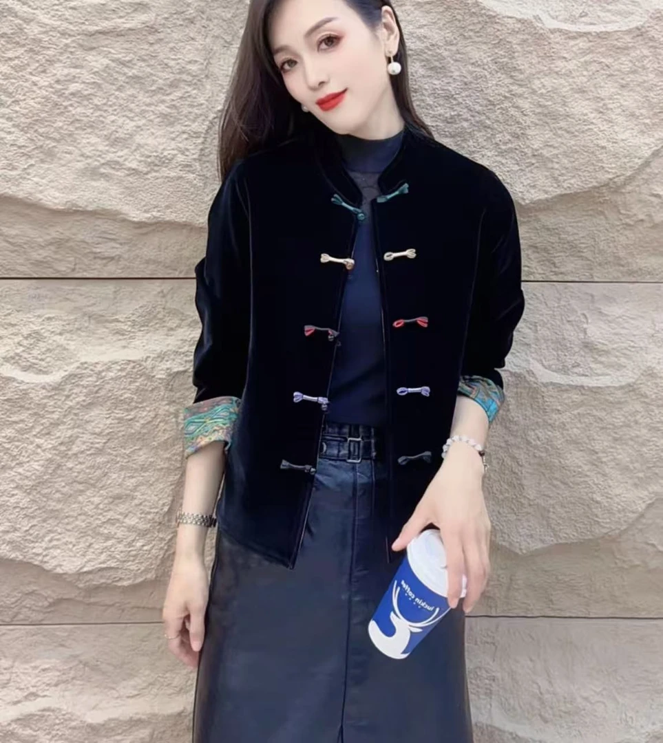 2025秋季新款时尚新中式国风复古中高档气质丝绒提花拼接百搭上衣