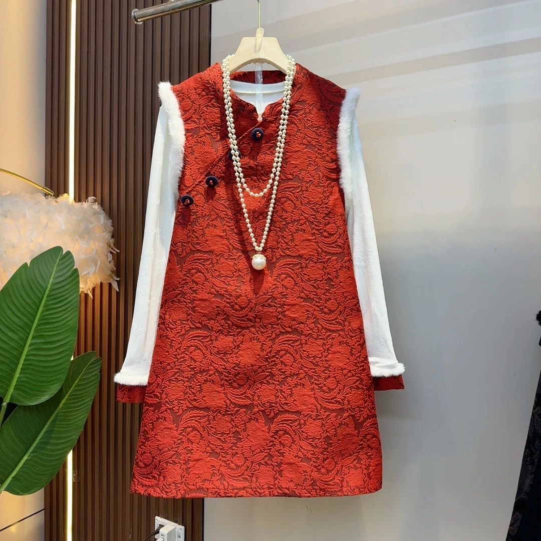 2025年秋冬季新款国风毛毛连衣裙+撞色袖口打底衫两件套2690