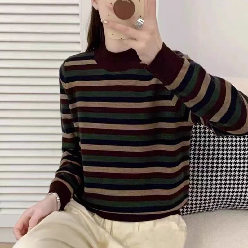 315#【三色宽条--酒红色】半高领秋冬加厚新款针织上衣女洋气百搭