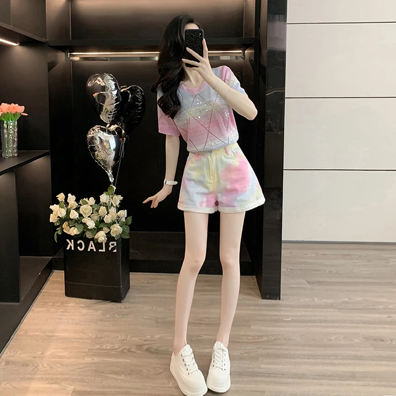 韩版夏季时尚套装洋气休闲减龄显瘦炸街网红夏装女装套装女针织衫