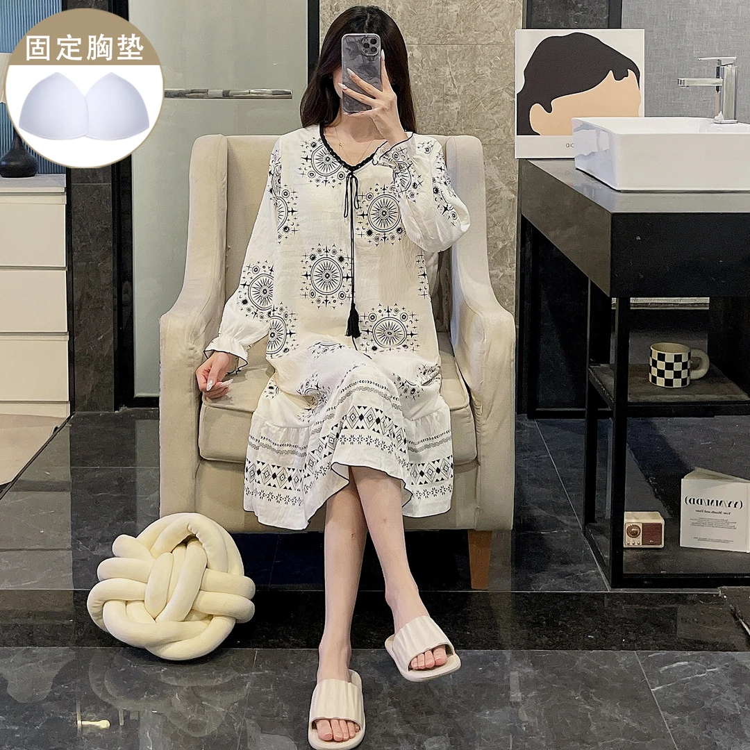 休闲睡裙女春秋季带胸垫宽松长袖睡衣韩系几何中长款家居服连衣裙