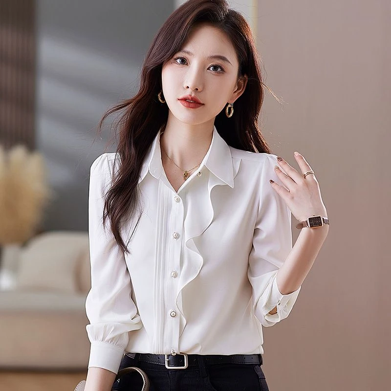 雪纺长袖衬衫女气质名媛荷叶边纽扣不对称POLO领常规款洋气时尚休