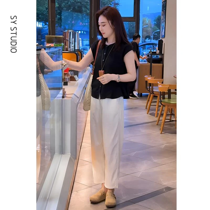 VOCKOO官方气质一整套ootd穿搭法式荷叶边小飞袖衬衫女休闲直筒哈