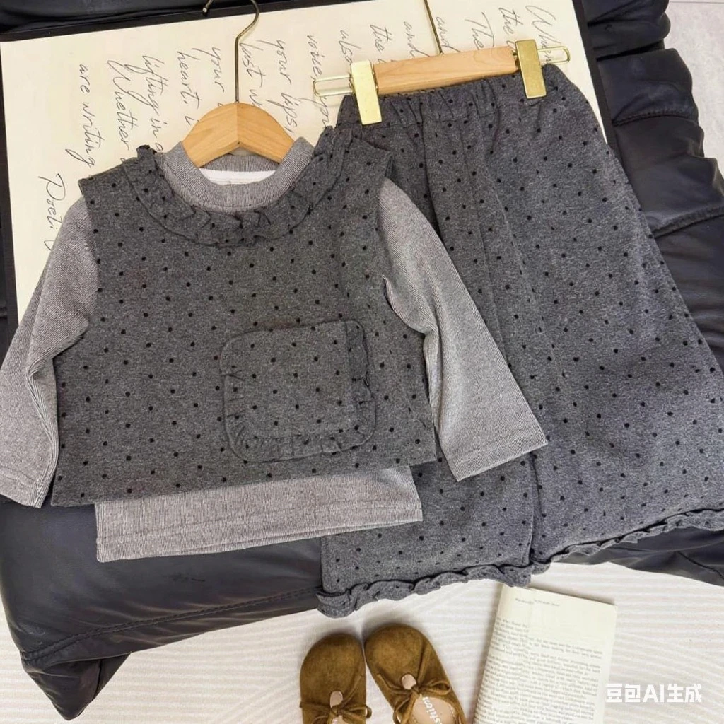 【三件套】亲子装秋上新韩版女童波点马甲三件套洋气两穿花边套装