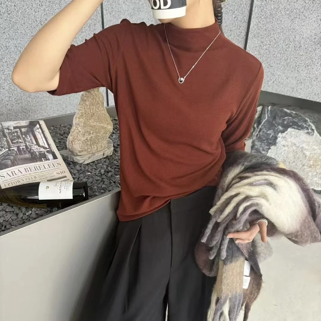 [ W i F i ]E念6003半高领超柔高弹力面膜衣纯色亲肤五分袖打底衫