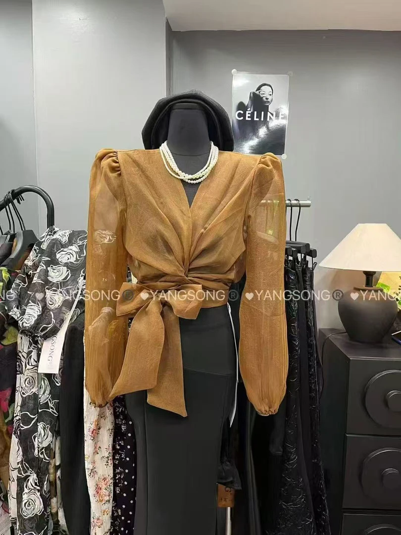 洋洋专属 韩国夏新款法式气质V领系带泡泡袖衬衫女收腰显瘦上衣