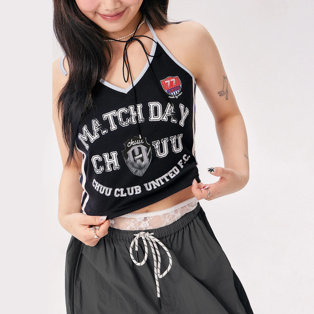 【20】CHUU字母印花设计学院风撞色修身性感挂脖背心FHSD014W