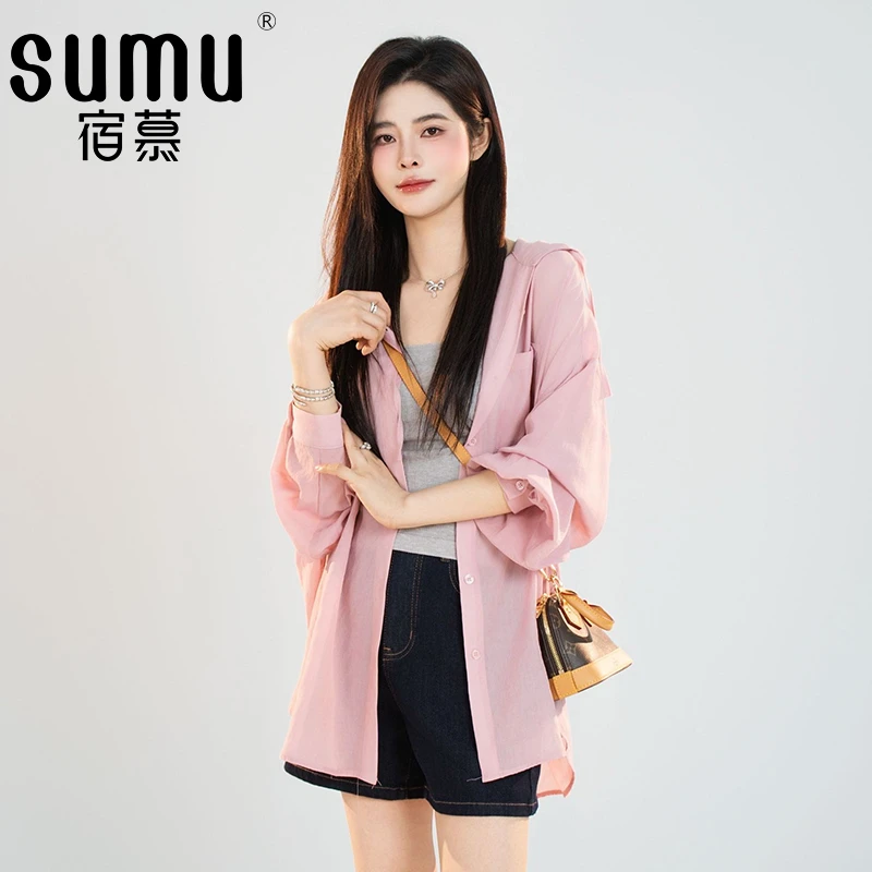 宿慕SUMU欧若风长袖衬衫女装2025新款秋季薄款连帽衬衣控F6302D