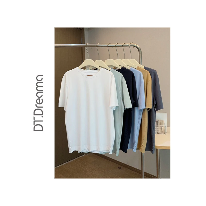 高档天然透气舒爽冰瓷棉T恤男短袖休闲简约纯色圆领汉麻宽松夏季