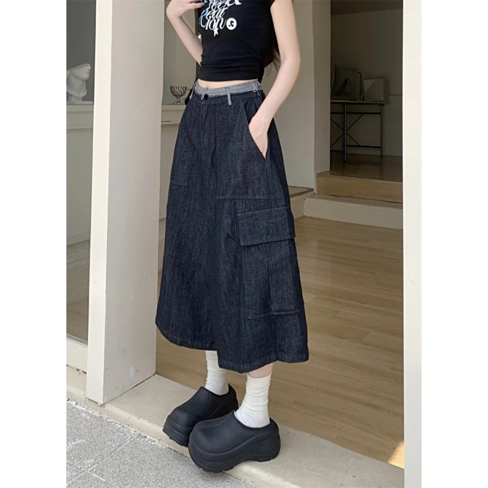 美式复古高腰口袋七分牛仔阔腿裤2025夏季新款显高松弛显瘦直筒裤