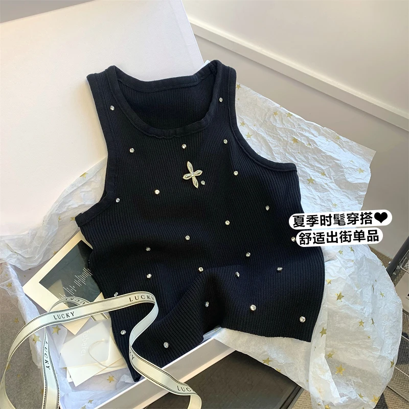 重工钉钻黑色背心女夏季法式别致修身小吊带高级感超好看挖肩上衣